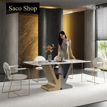 Прямоугольная комбинация белого обеденного стола и стула Snow Mountain 1,8 м, 12 мм, роскошный блестящий камень, Ножка мебели для обеденного стола Металлическая