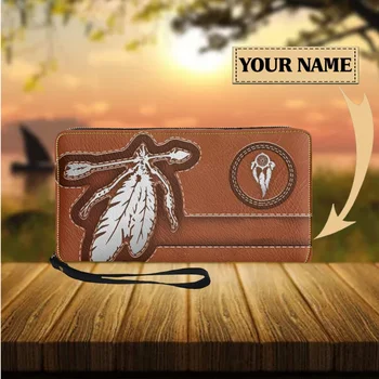 Длинный кошелек с принтом из племенных перьев, универсальный винтажный маленький клатч из искусственной кожи для девочек, повседневный держатель для проездных карт, подарок