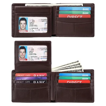 Мужской кошелек с RFID-блокировкой, Тонкий передний карман, мужской кошелек из натуральной кожи с двойным складыванием и окошком для удостоверения личности, подарки для мужчин J69