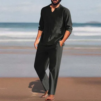 Мужской комплект из хлопка и льна, рубашка Henley с длинным рукавом и повседневные пляжные брюки, летняя одежда для йоги