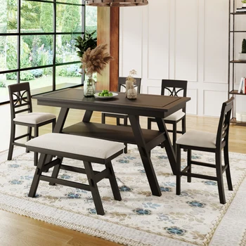 Современный обеденный стол высотой с столешницу из 6 предметов с полкой для хранения, кухонный стол со скамейкой и 4 стульями, эспрессо