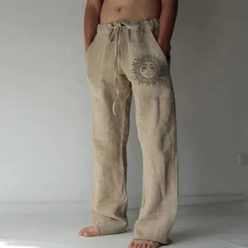 Мужские брюки с принтом солнца, повседневные однотонные летние брюки из мягкого льна полной длины, брюки со средней талией и завязками, уличные штаны-низы