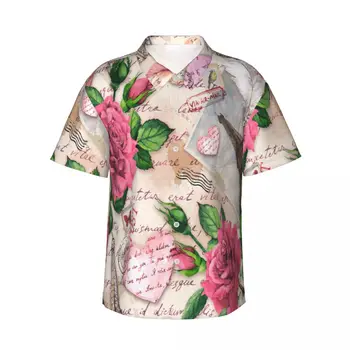 Мужская рубашка с короткими рукавами, винтажная Эйфелева башня, роза, почтовые марки, футболки с перьями, футболки-поло, топы