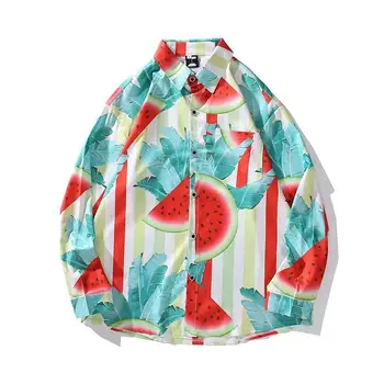 Гавайская рубашка с полным принтом арбуза, мужская повседневная рубашка с длинным рукавом, Свободные рубашки на пуговицах, Женская Японская рубашка Харадзюку, осень