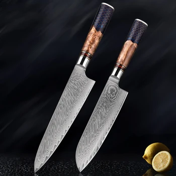 Набор Ножей Для Шеф-повара Santoku Knife Meat Cleave Высококачественный Хлебный Нож С Синей Ручкой Из Смолы В Виде Сот Дамасский Набор Кухонных Ножей