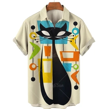 Мужская летняя гавайская рубашка с короткими рукавами с рисунком кота из мультфильма Oversize Для мужчин, роскошный дизайнерский топ с граффити, одежда на заказ Y2k