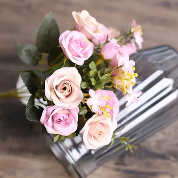 Букет искусственных цветов, 10 больших роз и 3 бутона, роза для свадьбы, украшение стола в домашней комнате, Искусственные цветочные украшения