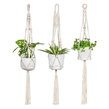Подвесные кашпо для комнатных растений, 3 упаковки одноярусных вешалок макраме для растений, Подвесные держатели для растений из хлопчатобумажной веревки ручной работы