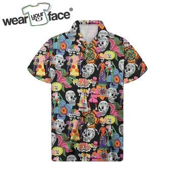 Красочные Гавайские Повседневные рубашки на пуговицах с 3D принтом в виде цветочного черепа, Пляжная Летняя Уличная мужская одежда с коротким рукавом