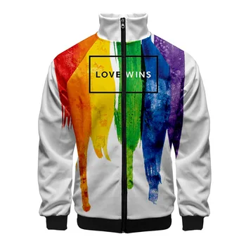 Классическая куртка на молнии с радужным флагом ЛГБТ в стиле харадзюку, уличная одежда с 3D принтом, воротник-стойка, куртки с длинными рукавами, повседневные куртки