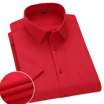 Мужская полосатая однотонная рубашка с коротким рукавом, летнее базовое деловое приталенное простое платье из красной саржи, светская вечеринка, офис, свадьба, мужская одежда