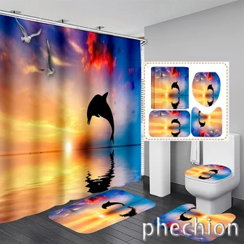 Занавеска для душа с 3D-принтом Sunset Dolphin, Водонепроницаемая Занавеска для ванной, Противоскользящий коврик для ванной, Набор туалетных ковриков, Ковер Home Decor VC10