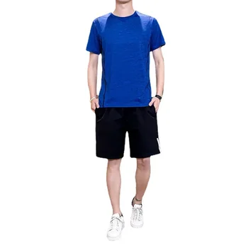 Летний мужской спортивный комплект с коротким рукавом Ice Silk, Быстросохнущая дышащая повседневная одежда для бега, футболка с коротким рукавом + шорты, комплект из двух предметов