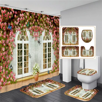 Цветочные бабочки на окне, занавески для душа с принтом, Комплект штор для ванной, Противоскользящие коврики, ковер, крышка унитаза, Наборы ковриков для ванной