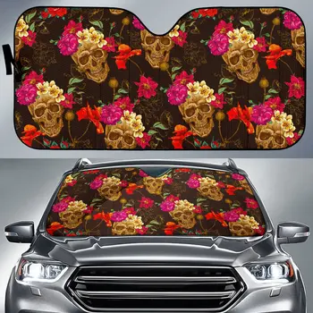 Солнцезащитный козырек для автомобиля с винтажным рисунком черепа и цветами