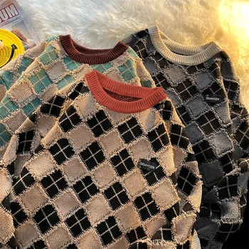 2023 Мужской жаккардовый свитер в виде ромба, винтажный толстый свободный свитер