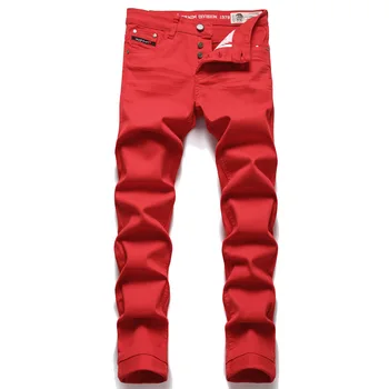 Мужские джинсы в стиле хип-хоп, красные Простые трендовые стрейчевые узкие брюки со средней талией, модная вышивка, джинсы премиум-класса, уличная одежда