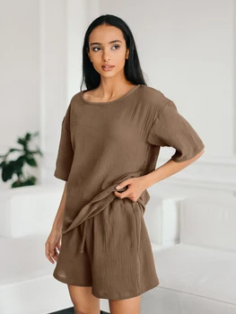 Пижамы Hiloc с круглым вырезом для женщин, комплекты из 2 предметов, Повседневные домашние костюмы с коротким рукавом и шорты, Пижамы, женская летняя пижама 2023