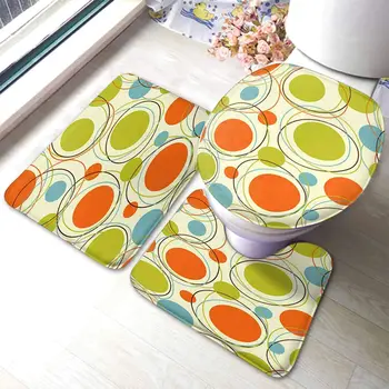 Ретро-оранжевый 60-х, комплект ковриков для ванной из 3 предметов, синий и светло-зеленый, повторяющийся красочный круговой узор, коврик для ванной, U-образный контурный коврик