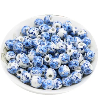 50 ШТ Круглые керамические бусины 10 мм 12 мм, бусины с голубыми цветами, фарфоровые бусины ручной работы для изготовления ювелирных изделий