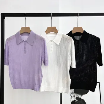 Naizaiga фиолетовый, белый, черный, отложной воротник, боты, короткий рукав, шелк тутового цвета, смешанный хлопок, Женские пуловеры, футболка NY56