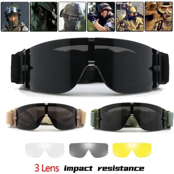 Комплект тактических очков с 3 линзами, Ветрозащитные пылезащитные очки для стрельбы по мотокроссу, мотоциклу, альпинизму, Cs Military Safe Protection