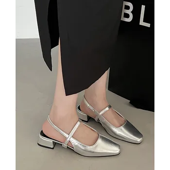 2023 Новый летний сказочный стиль, французский стиль, босоножки на толстом каблуке с квадратным носком, серебристая женская обувь Mary Jane в стиле ретро