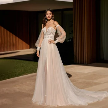 Роскошное свадебное платье трапециевидной формы с иллюзией возлюбленной, длинные пышные рукава, кружевные аппликации, свадебное платье Vestido De Novia