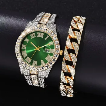 Набор часов-браслетов из 2ШТ, большой размер, Модный Роскошный календарь из сплава алмазов, мужской подарочный браслет, мужские часы