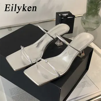 Eilyken, Летние женские тапочки с узкой лентой, Модные слипоны с квадратным носком, женские элегантные сандалии-гладиаторы, платье на тонком среднем каблуке, слайды