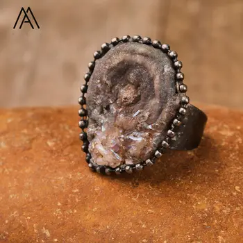 Кольца с минералами из натурального друзистого агата, винтажные ювелирные изделия, модные подарки Унисекс
