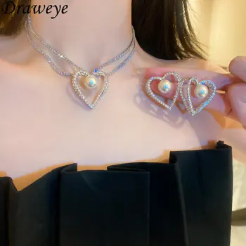 Ожерелья с сердечками Draweye для женщин, Двухслойные Выдалбливаемые Корейские модные украшения, Милые Винтажные Элегантные ожерелья для женщин