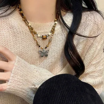 Новое модное винтажное ожерелье с бабочкой из бисера, Легкий Роскошный свитер, ожерелье с подвеской, Цепочка в богемном стиле, Ювелирный подарок для девочек