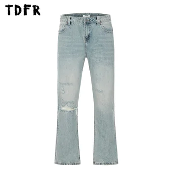 Рваные потертые джинсы, мужская повседневная уличная одежда в стиле ретро, расклешенные брюки, мужские брюки с необработанным краем
