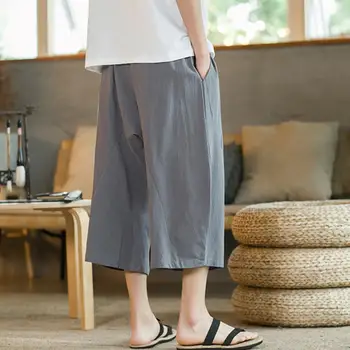 Модные повседневные брюки средней посадки, облегающие укороченные брюки, Летние мужские хлопчатобумажные льняные брюки