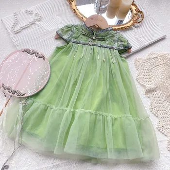 Hanfu, Зеленое платье принцессы для девочек, летняя одежда для девочек, новое платье Чонсам, детское жемчужное платье в китайском стиле с короткими рукавами.